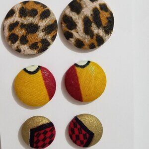 Hand Crafted Lot of 3 Fabric Button Earrings Animal Print and Ankara Print Gold